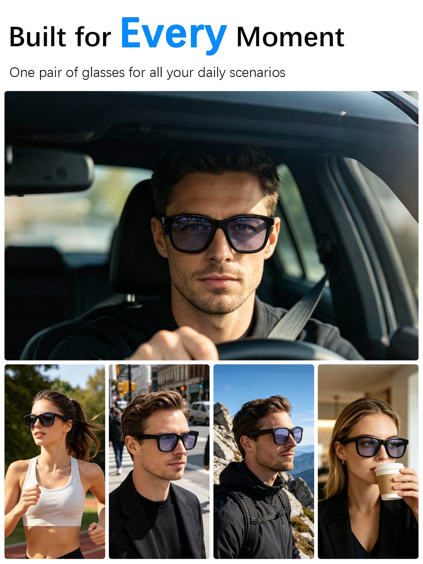 S1 AI Smart Glasses, 0.1s Fast Electrochromic Sunglasses, 4-Speed Adjustable Transmittance, Bluetooth 5.4 Open Ear Audio, UV400 Anti-Blue Light Button Control Eyewear for Men Women Driving Sports Gift