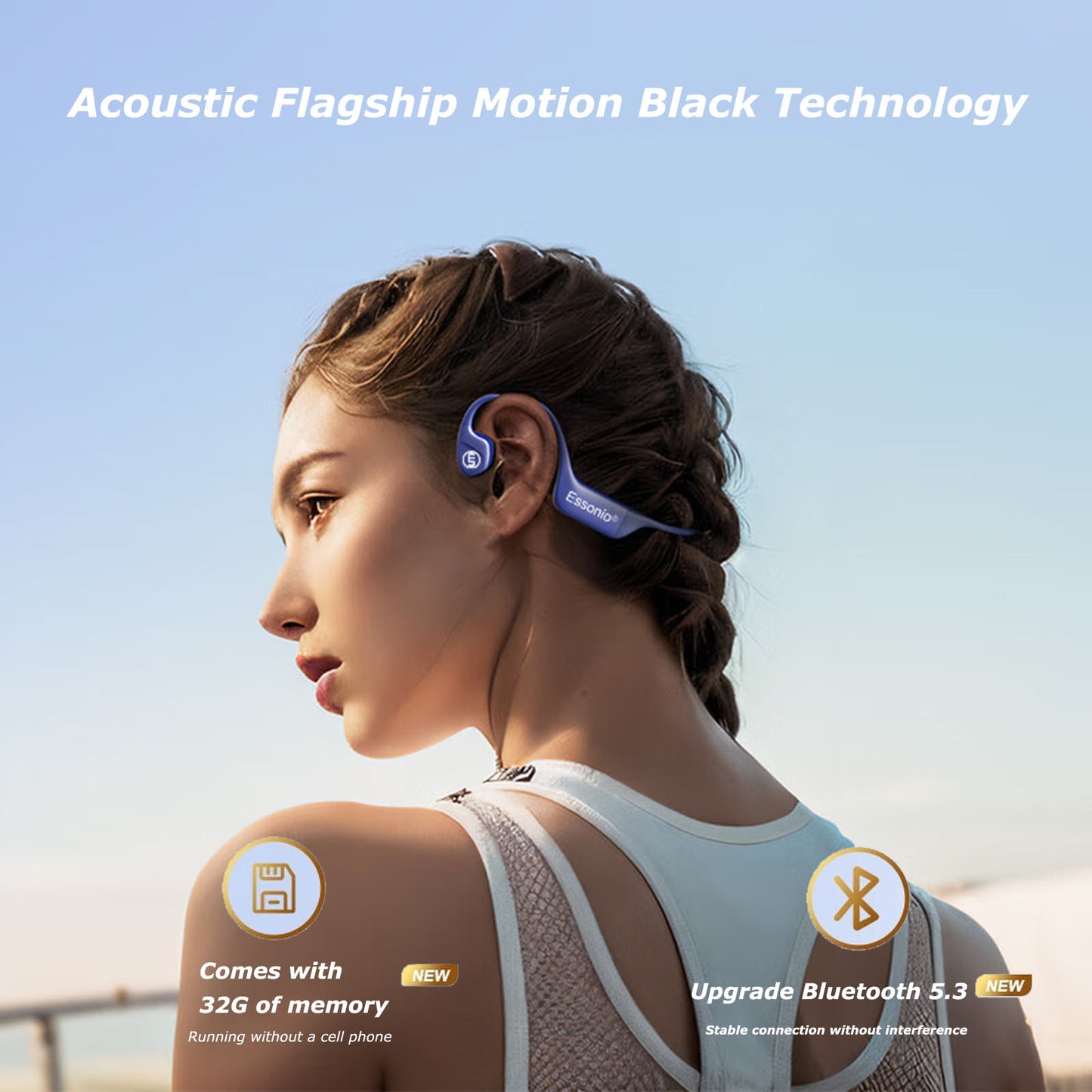 Open-ear Headphones Bluetooth5.3 with Mic IPX8 Swimming Bone Conduction Headset Built-in 32G Memory | ESSONIO-911 for Swimming Running Cycling Exercise