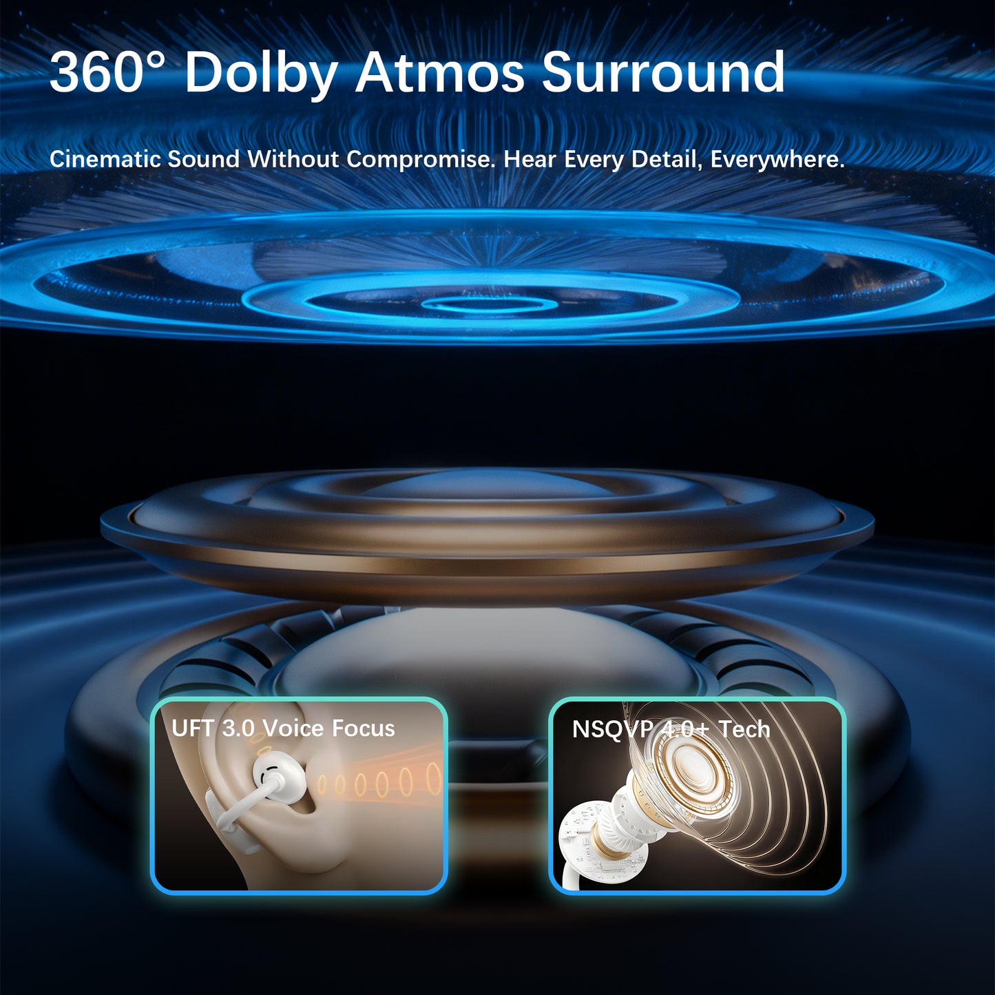 Essonio FC3 Open Ear Earbuds Wireless Bluetooth with 360° UFT 3.0 Spatial Audio & 70H Playtime IPX5 Waterproof Ultimate Lightweigh Fit Omni Tap Control Powerful Sound for Sports Work Daily