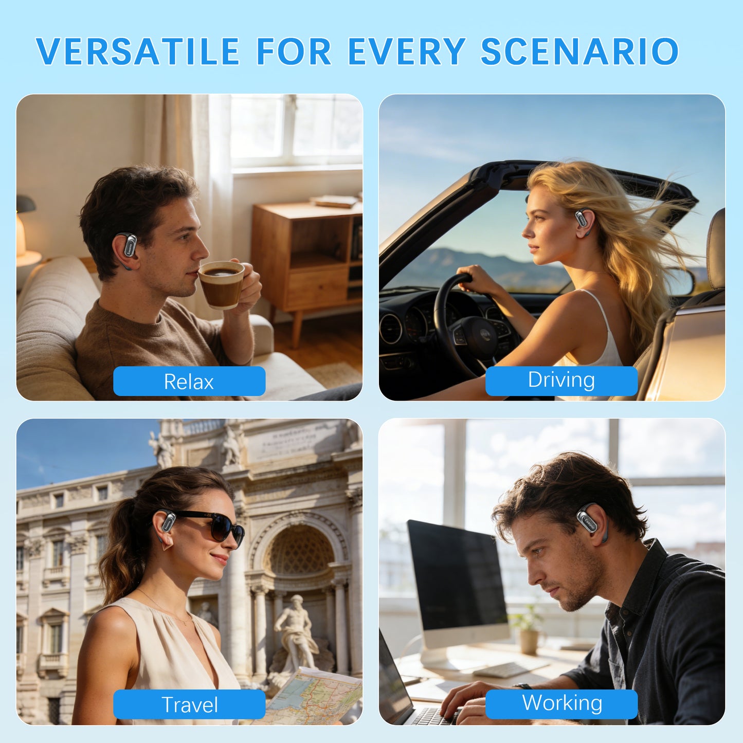 Essonio Open Ear Earbuds Wireless Ear Hooks Headphones, Ultra Lightweight Powerful Stereo Sound 35H Playtime Bluetooth 5.4 Dual Device Sync AI Clear Calls Waterproof for Small Ears