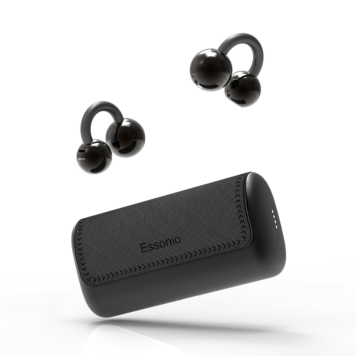 Essonio Ultra Open Ear Earbuds Removable Washable Case Wireless Clip On Headphones Powerful Sound Bluetooth 6.0 Dual Device Sync AI Clear Calls Waterproof for Sports Work Black