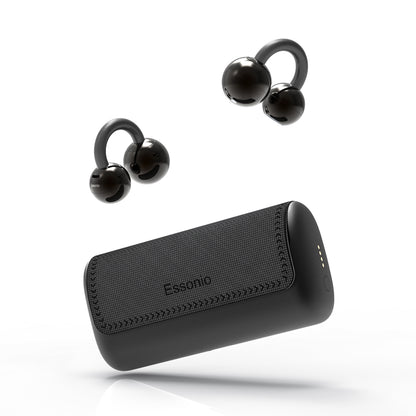 Essonio Ultra Open Ear Earbuds Removable Washable Case Wireless Clip On Headphones Powerful Sound Bluetooth 6.0 Dual Device Sync AI Clear Calls Waterproof for Sports Work Black
