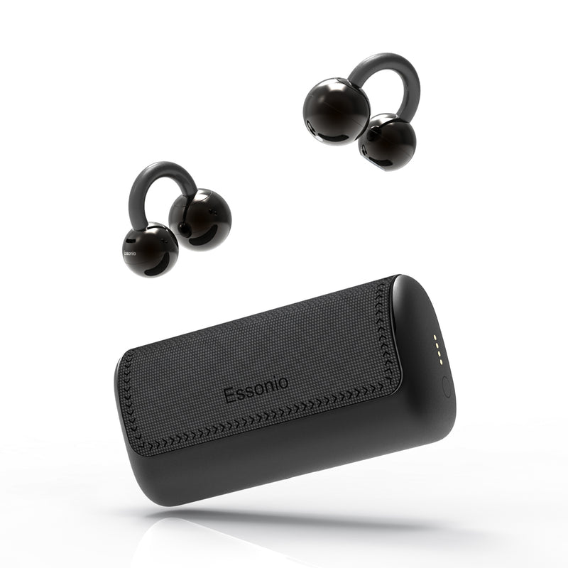 Essonio Ultra Open Ear Earbuds Removable Washable Case Wireless Clip On Headphones Powerful Sound Bluetooth 6.0 Dual Device Sync AI Clear Calls Waterproof for Sports Work Black 4