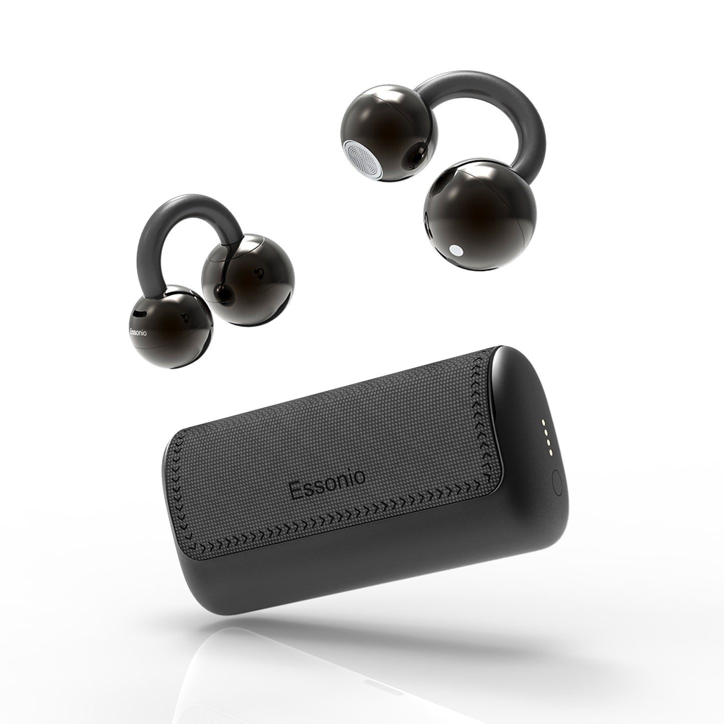 Essonio Ultra Open Ear Earbuds Removable Washable Case Wireless Clip On Headphones Powerful Sound Bluetooth 6.0 Dual Device Sync AI Clear Calls Waterproof for Sports Work Black