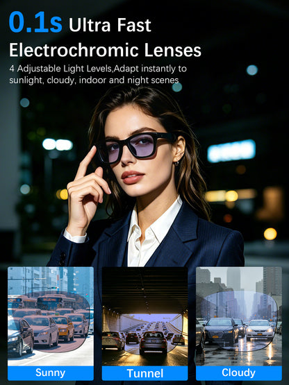 S1 AI Smart Glasses, 0.1s Fast Electrochromic Sunglasses, 4-Speed Adjustable Transmittance, Bluetooth 5.4 Open Ear Audio, UV400 Anti-Blue Light Button Control Eyewear for Men Women Driving Sports Gift