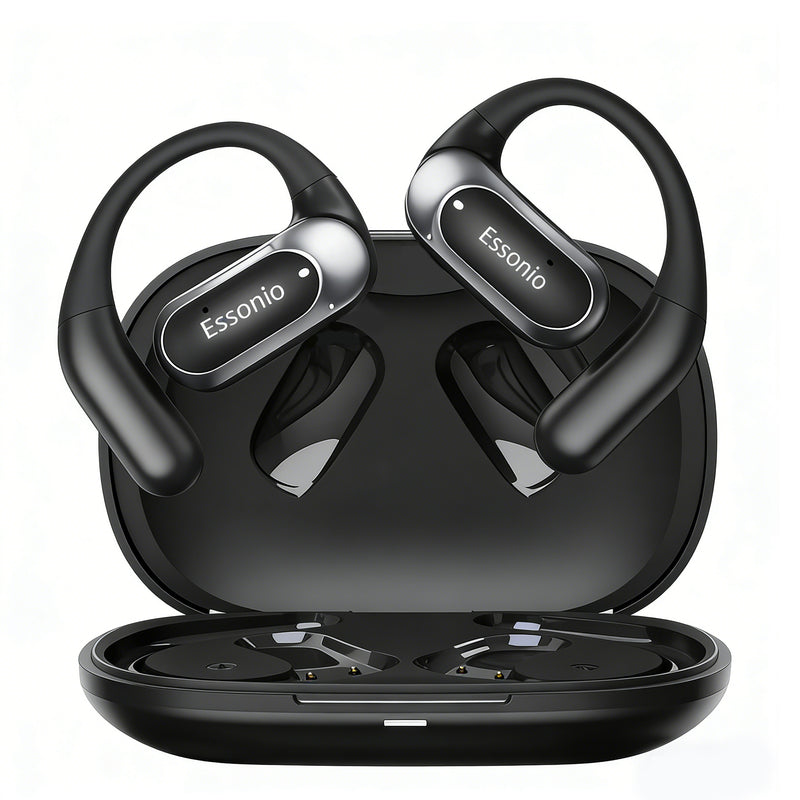 Essonio Open Ear Earbuds Wireless Ear Hooks Headphones, Ultra Lightweight Powerful Stereo Sound 35H Playtime Bluetooth 5.4 Dual Device Sync AI Clear Calls Waterproof for Small Ears 2