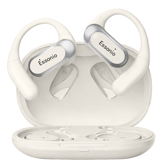 Essonio Open Ear Earbuds Wireless Ear Hooks Headphones, Ultra Lightweight Powerful Stereo Sound 35H Playtime Bluetooth 5.4 Dual Device Sync AI Clear Calls Waterproof for Small Ears
