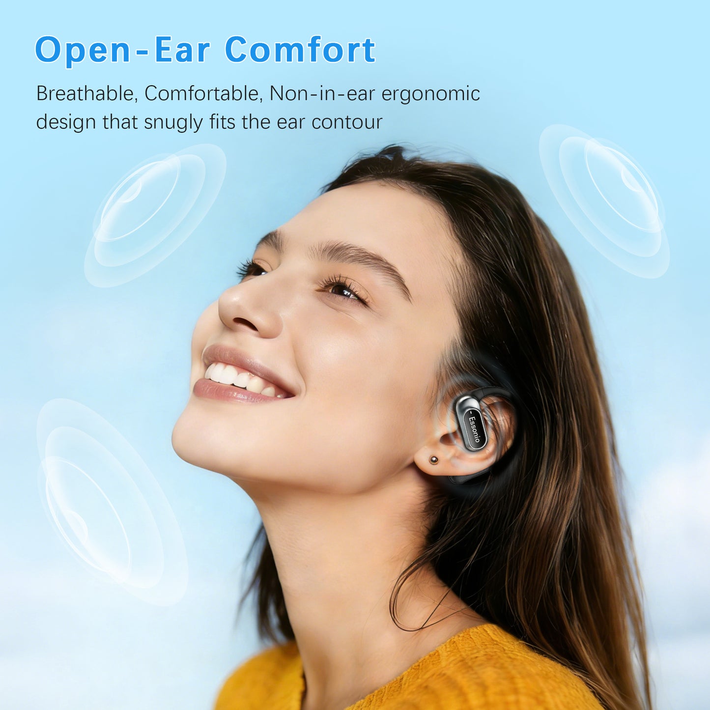 Essonio Open Ear Earbuds Wireless Ear Hooks Headphones, Ultra Lightweight Powerful Stereo Sound 35H Playtime Bluetooth 5.4 Dual Device Sync AI Clear Calls Waterproof for Small Ears