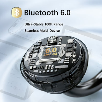 Essonio Ultra Open Ear Earbuds Removable Washable Case Wireless Clip On Headphones Powerful Sound Bluetooth 6.0 Dual Device Sync AI Clear Calls Waterproof for Sports Work Black