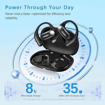 Essonio Open Ear Earbuds Wireless Ear Hooks Headphones, Ultra Lightweight Powerful Stereo Sound 35H Playtime Bluetooth 5.4 Dual Device Sync AI Clear Calls Waterproof for Small Ears