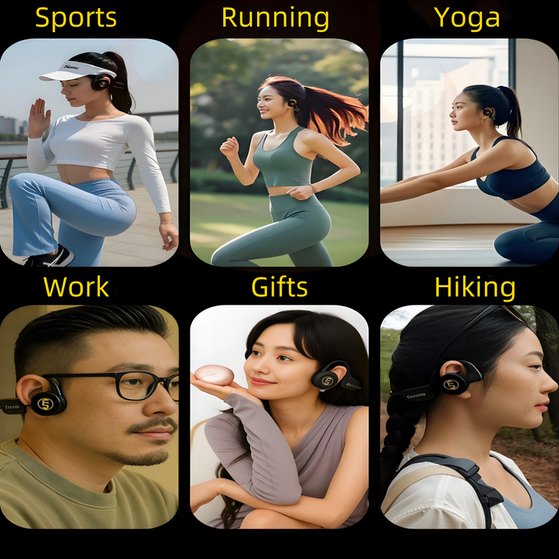 Essonio Open Ear Headphones - Ultra Deep Bass Wireless Bluetooth Air Conduction Headphones 3-Level Deep Bass Ultra-Wideband ANC 20H Play Multi-Point Connect Clear Call 5