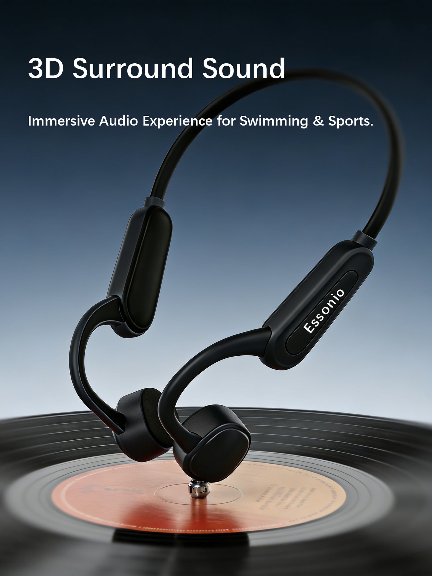 Essonio Bone Conduction Headphones IP68 Waterproof for Swimming, 32GB MP3 Player Bluetooth 5.3 Open Ear Headphones, 12H Battery, Secure Fit for Running & Cycling Black