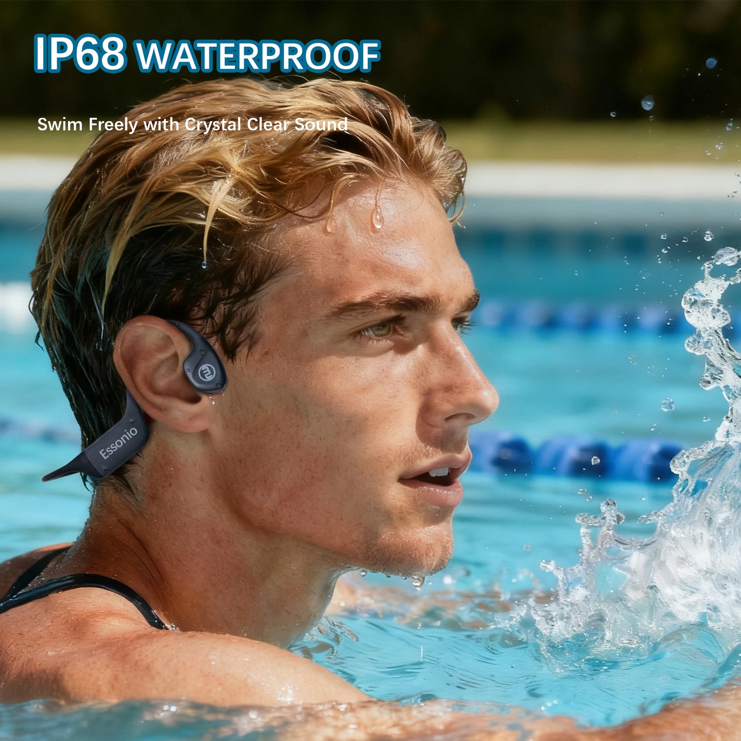 Bone Conduction Headphones IP68 Waterproof Swimming Headphones with Mic Bluetooth Open Ear Earbuds with MP3 Mode 32GB Memory Deep Bass Secure Fit for Running, Cycling and Fitness, Black