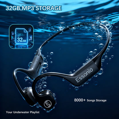 Bone Conduction Headphones IP68 Waterproof Swimming Headphones with Mic Bluetooth Open Ear Earbuds with MP3 Mode 32GB Memory Deep Bass Secure Fit for Running, Cycling and Fitness, Black